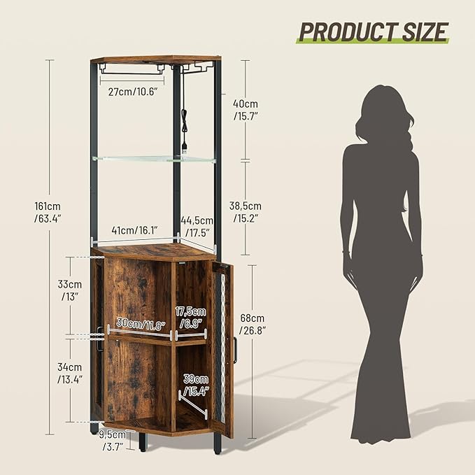 Corner Bar Cabinet with LED Lights, Tall Wine Cabinet with Storage, 5-Tier Industrial Corner Liquor Cabinet with Glass Holders, Adjustable Shelves, for Kitchen, Home, Rustic Brown and Black