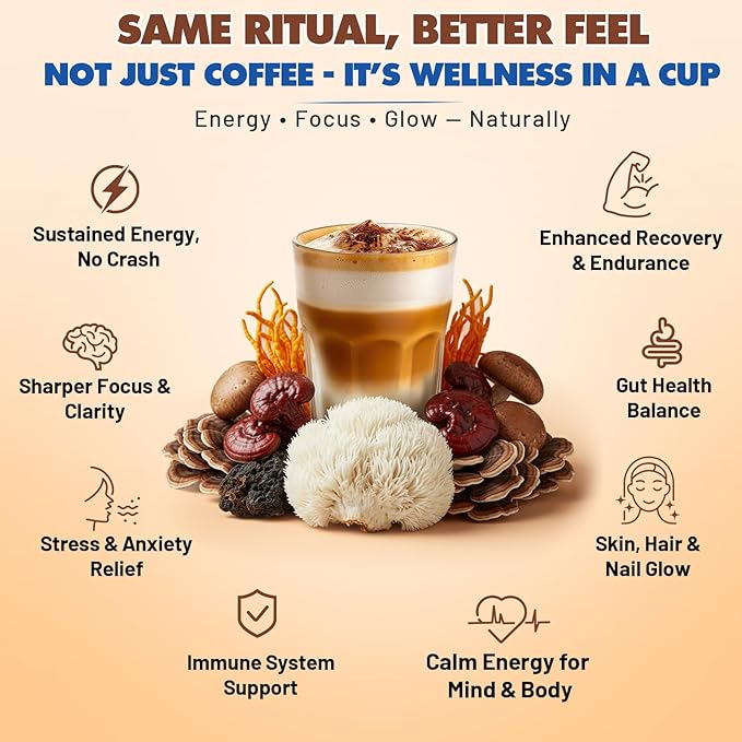 BLAZZE Mushroom Coffee,Adaptogenic 7 Mushrooms with Reishi,Lion's Mane & Chaga,Collagen Peptides, Ashwagandha,MCT,L-Theanine–Instant Coffee for Focus, Energy & & Immune Support–30 Servings