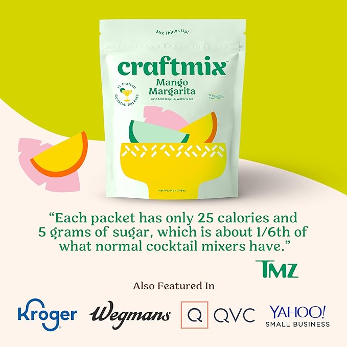 Craftmix Mango Margarita Cocktail & Mocktail Drink Mixer, Skinny Mixes - Water Flavoring Packets - Made With Real Fruit - Vegan, Low-Carb, Low-Sugar, Non-GMO, Dairy Free, Gluten Free, 12 Pack