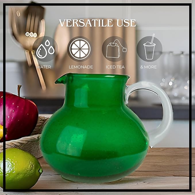Artland Iris 90 Oz Handblown Glass Pitcher - Bubble Shape, Lead-Free - Versatile Drink Dispenser for Water, Juice, Cocktails - Enhanced Kitchen Decor, Dishwasher Safe (Green)