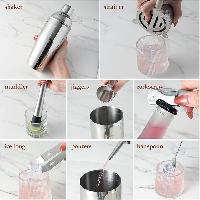23-Piece Bartender Kit, Cocktail Shaker Set with Stand | Bar Drink Mixer Set with All Essential Bar Tools: Martini Shaker, Jigger, Strainer, Pourers, for Home, Bar, Party (Brown-y)