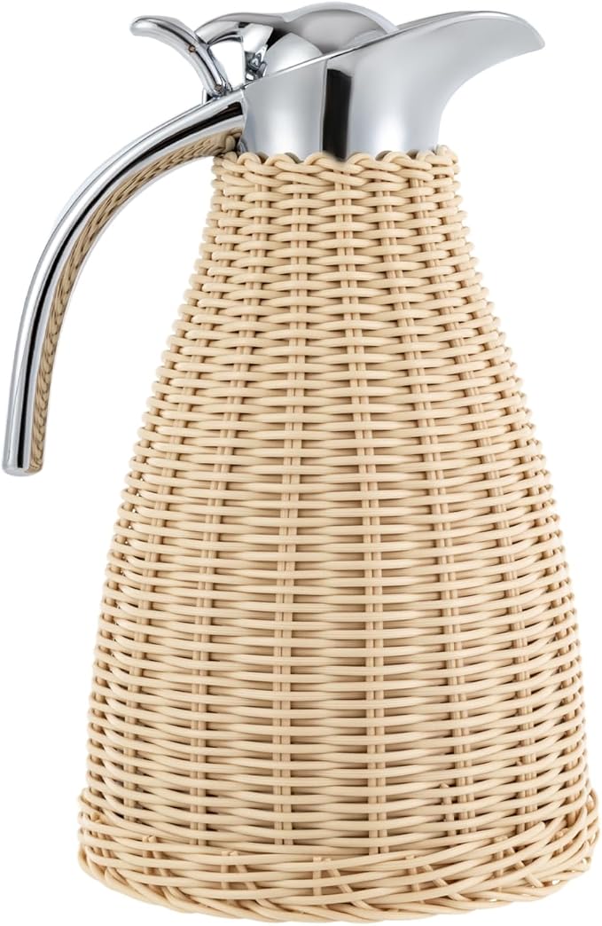 Stainless Steel Coffee Thermal Jug 1.5L/0.4 Gal Beige Rattan Double Walled Vacuum Insualted Jug Thermal Carafe with Handmade Rattan Body for Hot Liquids Keeping Hot for Home Coffee Shop