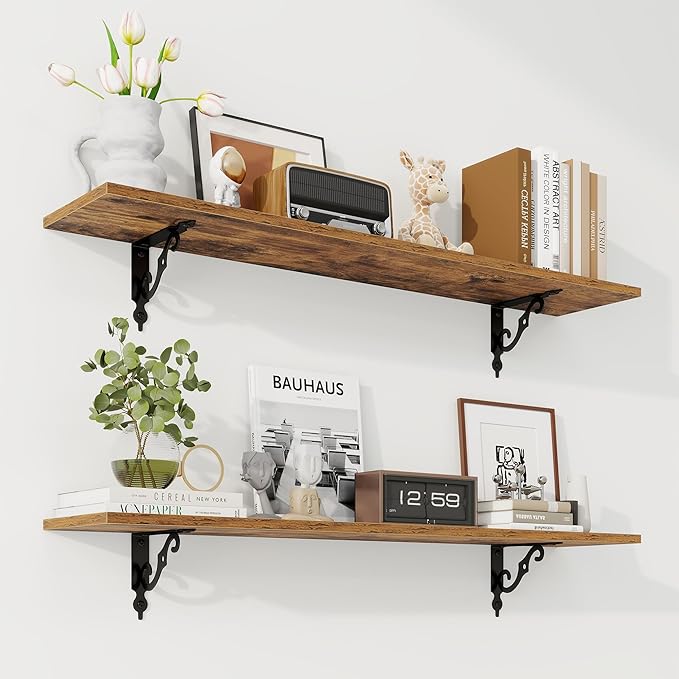 RICHFOCUS Floating Shelves for Wall Decor, 39.4W x 8D Shelves Set of 2, 8 Inch Deep Rustic Wood Shelves Wall Mounted with Brackets, Long Floating Shelves for Living Room Bedroom Kitchen, Rustic Brown