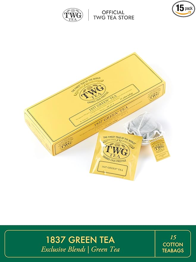 TWG Tea | 1837 Green Tea | Green Tea | Strawberry & Caramel | 15 Hand Sewn Cotton Tea Bags | Gift Set