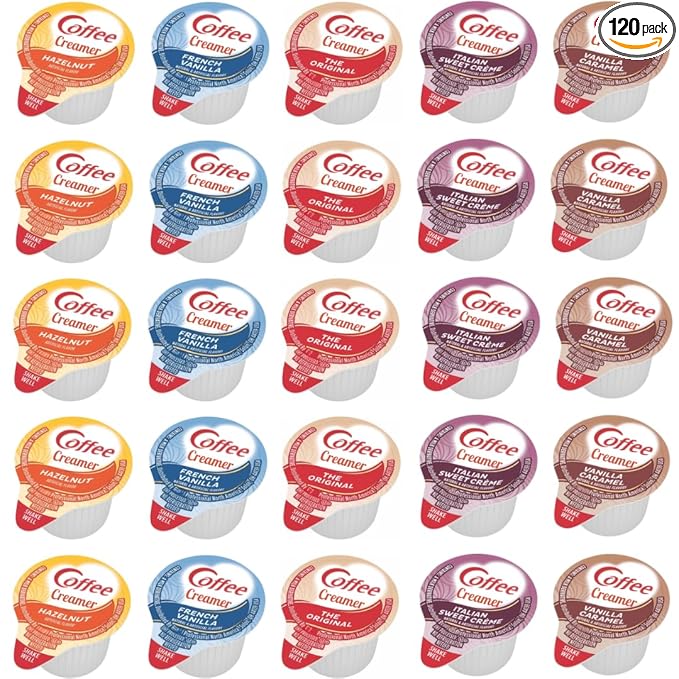 Coffee Creamer Bulk Assortment, Non-Dairy Creamer, 5 Flavor Variety Pack, 120 Count, Great for Home Use, Offices and Coffee Stations