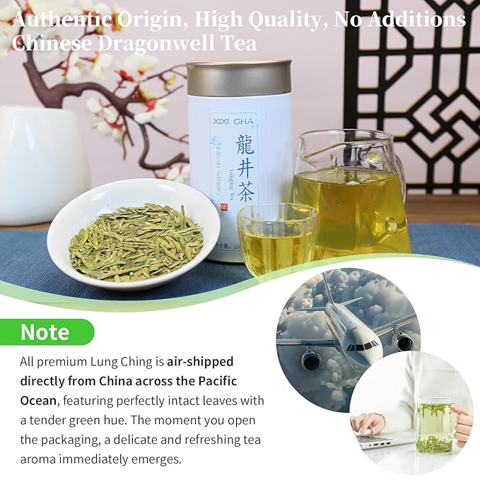 XIXICHA Longjing Tea New Tea Grade AAA Dragon Well Green Tea Loose Leaf Hangzhou Dragonwell Chinese Green Tea Fresh Bean Aroma（96 cups） 龙井茶 绿茶 明前龙井 茶叶 4.23oz/120g