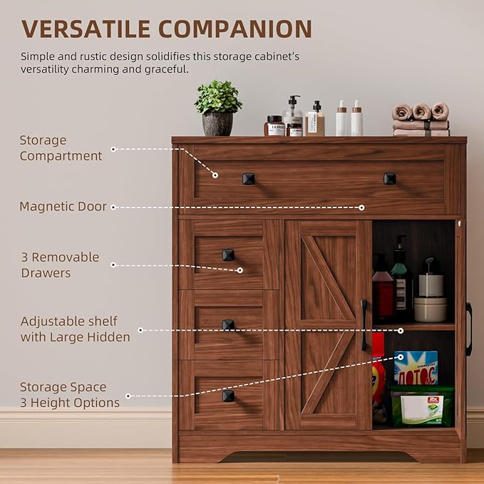 Vabches Farmhouse Storage Cabinet with 2 Doors and 4 Drawers, Freestanding Bathroom Storage Cabinet Kitchen Pantry, Floor Hutch Cupboard for Living Room/Bathroom/Kitchen,Walnut