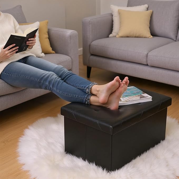 DUMOS Folding Storage Ottoman Bench 30in, Synthetic Leather Foot Rest Stools Ottoman with Storage Chest Footstool for Living Room, Bedroom, Load 660 lb, Modern Black