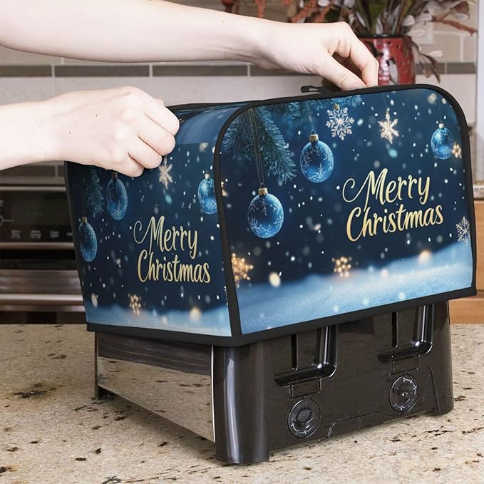Toaster Cover 4 Slice Winter Snowflake Christmas Blue Ball Kitchen Small Appliance Covers with Pockets Dust and Fingerprint Protection