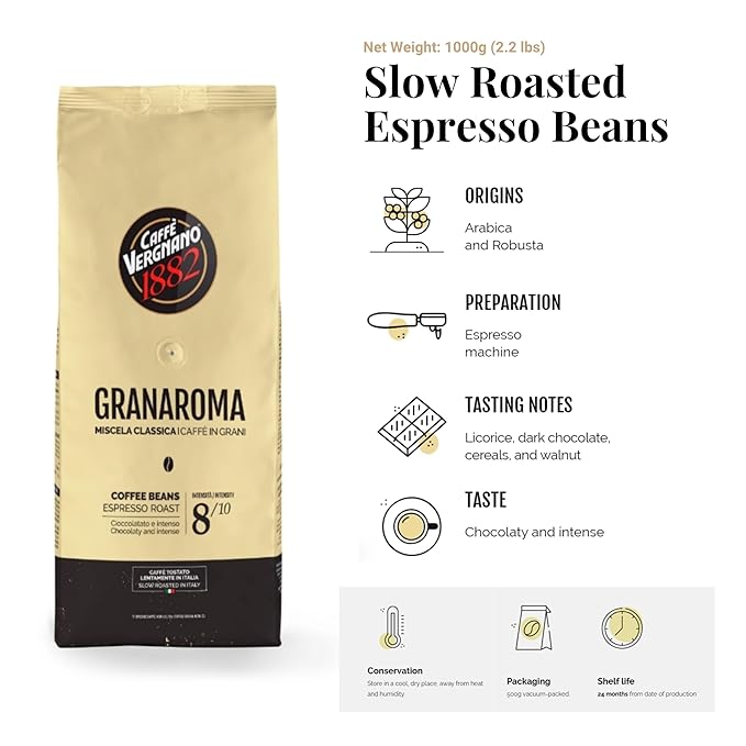 Caffe Vergnano 1882 Gran Aroma Whole Bean Arabica Medium Espresso Roast Coffee, 2.2lbs Bag - Italian Coffee Beans with Rich notes of Cocoa, Spices & Dried Fruit, Intensity 8/10-1000g Bag