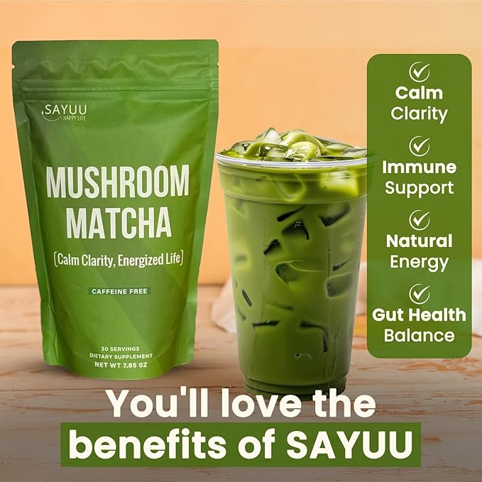 SAYUU Mushroom Matcha Coffee Powder – Instant coffee Blend with Functional Mushrooms for Calm Focus, Stamina, and Immune Support - 30 Servings