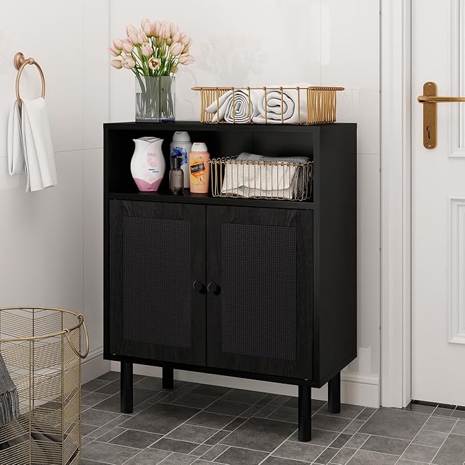 Rattan Storage Cabinet, Boho Accent Cabinet with Double Doors, Small Freestanding Sideboard for Hallway, Laundry Room,Kitchen, Dining Room, Entryway(Black)