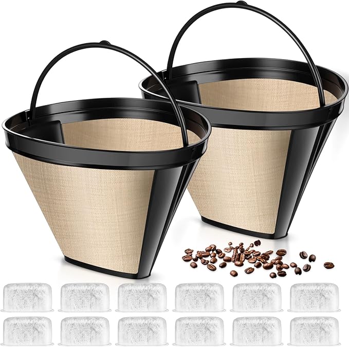 LemonRoad 14 Pcs Coffee Filter Replacement, 12 Disposable Charcoal Water Filters and 2 Reusable #4 Cone Mesh Filters Basket Compatible with Cuisinart