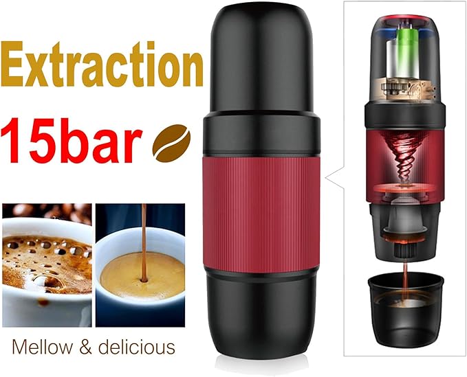 Portable Espresso Maker, 15 ATM High Pressure Extract, USB Rechargeable 2000mAh, Compact and Portable, Outdoor Travel/Home/Car, Red & Black