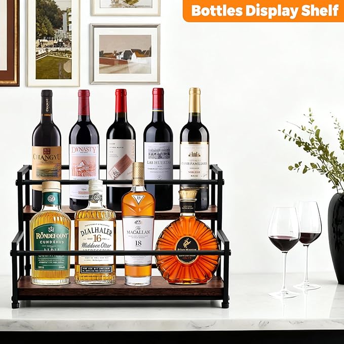 Coffee Syrup Rack Organizer - 2-Tier 10 Syrup Bottles Holder for Coffee Bar, Liquor Bottle Display Shelf - Rustic Kitchen Cabinet for Spices, Jars - Stepped Pantry Shelf for Wine, Tea & Bottles