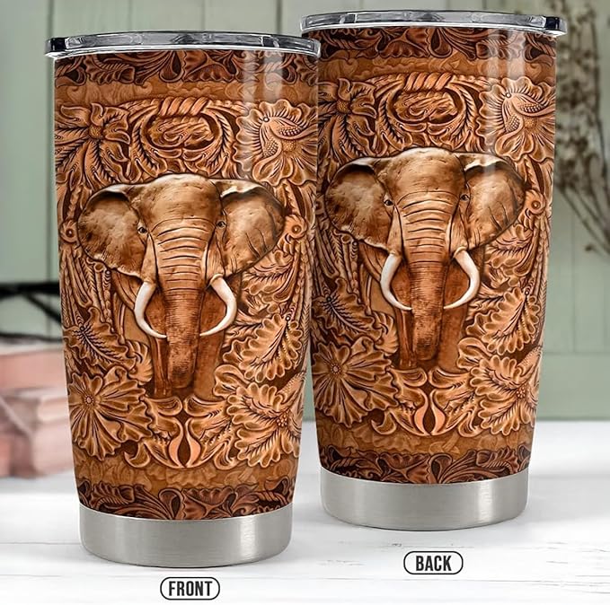 SANDJEST Elephant Tumbler Wood Drawing Style 20oz Tumblers with Lid Gift for Women Girl Daughter Sister Animal Lovers Christmas Birthday