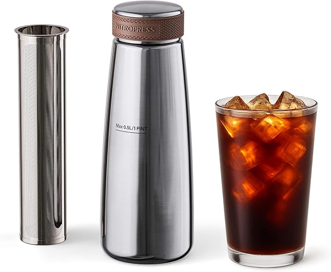 NitroPress Home Brew Kit - Stainless Steel Cold Brew Coffee & Tea Maker | Includes 200 Micron Filter Basket & Airtight Storage Cap | Perfect for Smooth, Fresh Cold Brew at Home