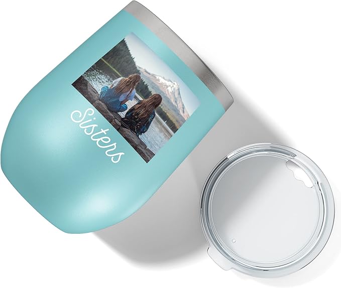 Personalized Mothers Day 12oz Photo Printed Insulated Stainless Steel Powder Coated Stemless Wine Tumbler with Lid, Customized Mum Gift Idea for Her, Custom Mom Coach Gifts Team Mom Dad (Teal)