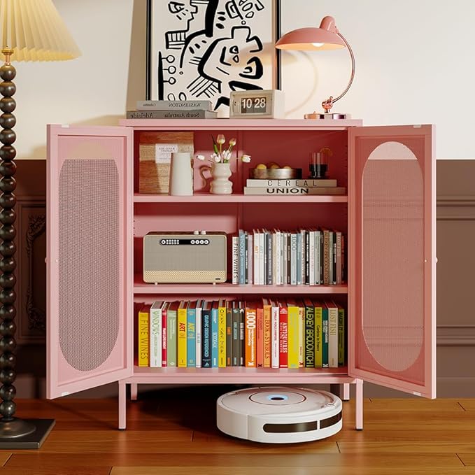 Display Cabinets with 2 Mesh Doors，Kitchen Cupboard, Storage Closet with Adjustable Shelf and High Feet, Pink Cabinet for Home, Office, Living Room,Dining Room,Sideboard, Hallway and Entryway