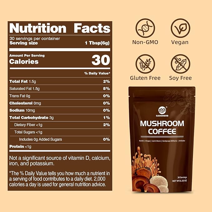 GANOHERB Instant Mushroom Coffee Powder, Arabica Coffee Mix with 5 Adaptogen Mushrooms, Lions Mane, Reishi, Chaga, Cordyceps, Shiitake and MCT Oil for Energy and Focus, 6.35oz, 30 Servings