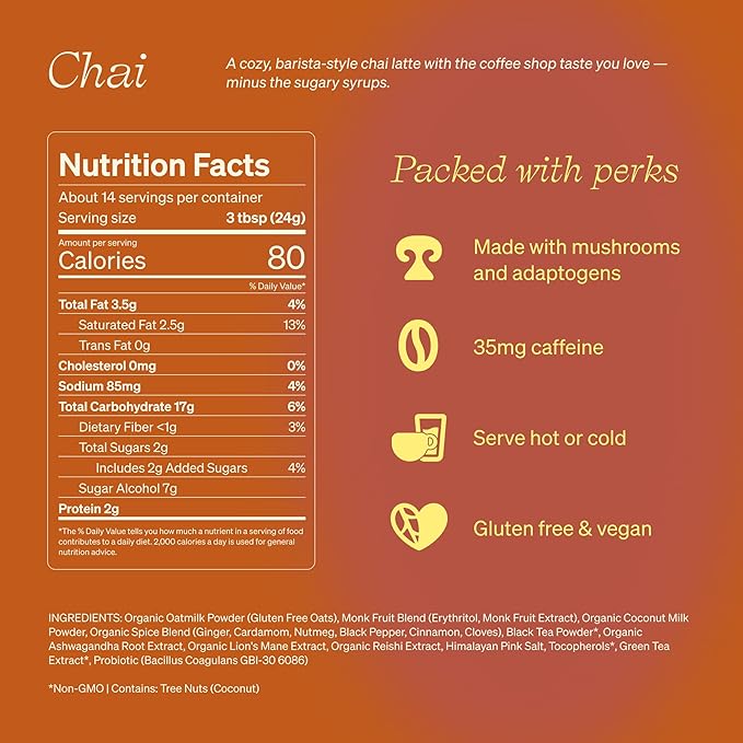 Clevr Chai Tea Latte, Instant Superfood Powder Blend with Oat Milk, Lion’s Mane, Reishi Mushroom, Black Tea, Organic Spices, Coconut Cream, Ashwagandha, Oprah’s Favorite Things 2022 (14 Lattes)