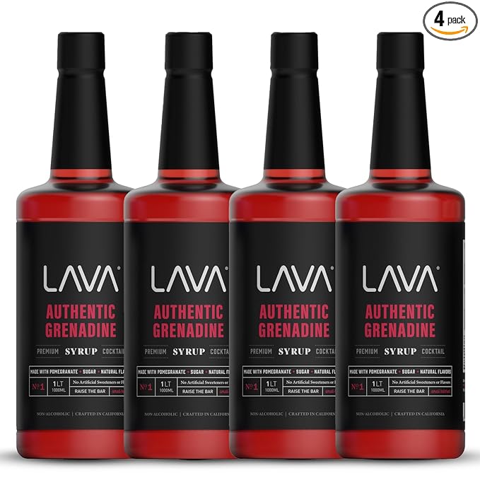 (4-Pack) LAVA Premium Grenadine Syrup, Made with Pomegranate Juice, 100% Sugar, 33.8oz (1-Liter), No Artificial Sweeteners, Flavors, or Colors