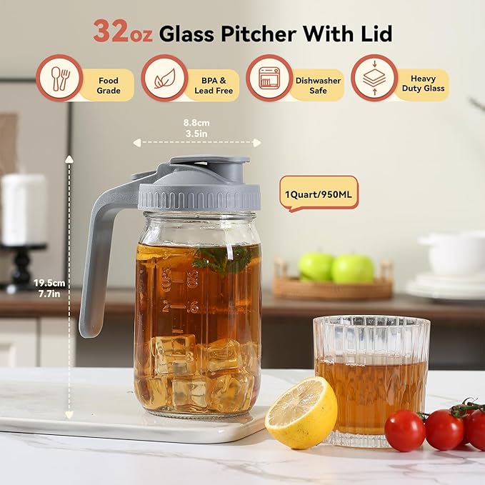Novelinks 32OZ Glass Pitcher with Lid, Wide Mouth Mason Jar Pitcher, Leak-proof Water Jug for Juice, Milk,iced Coffee Lemonade Tea,1 Pack