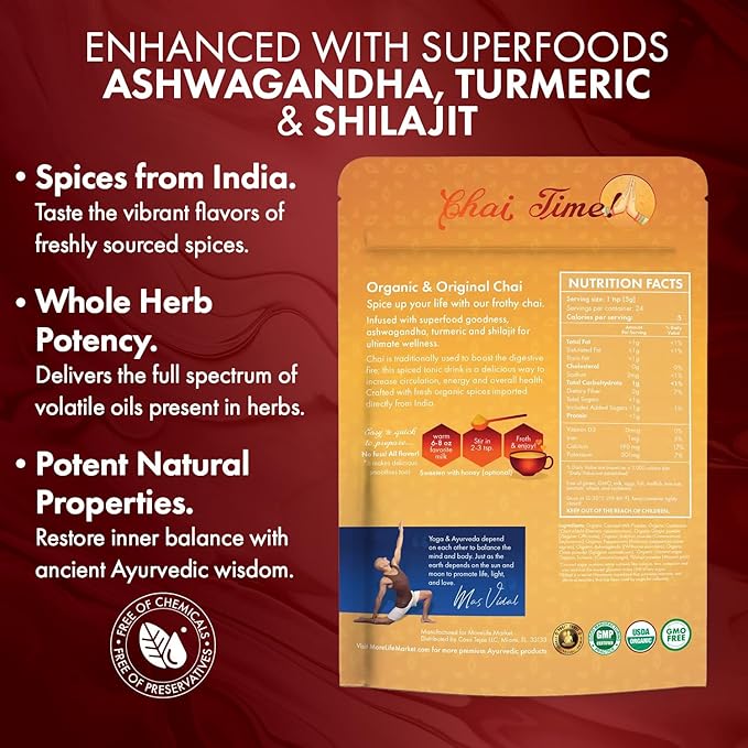 MoreLife Market Premium Superfood Chai Latte Tea | Caffeine-Free Ayurvedic Tea Powder for Immunity & Energy | Organic Turmeric & Shilajit Blend | Vegan, Non-GMO, Gluten-Free | 40+ Servings - 8oz