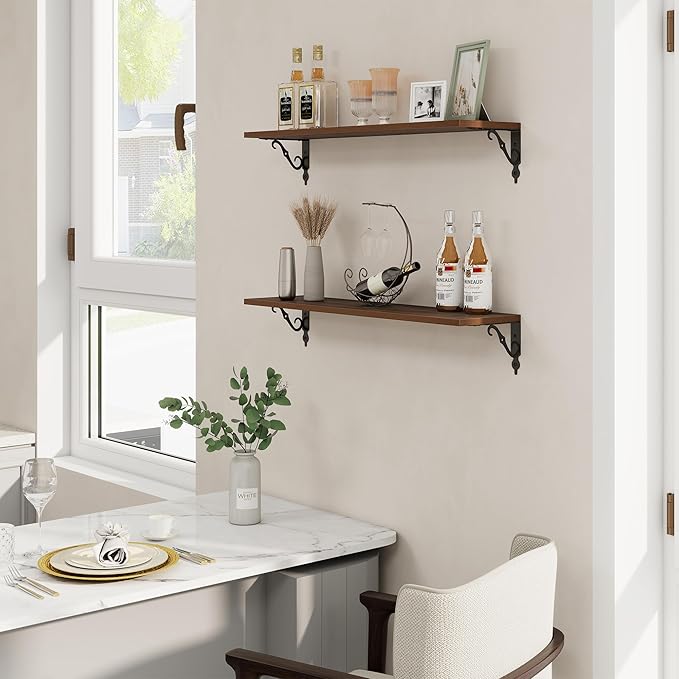 RICHFOCUS Floating Shelves for Wall Decor, 31.5W x 8D Shelves Set of 2, 8" Deep Rustic Wood Floating Shelves Wall Mounted with Metal Brackets, Shelves for Living Room Bedroom Kitchen, Walnut