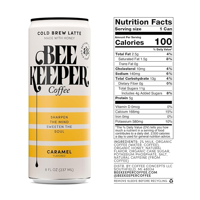 Beekeeper Caramel Cold Brew Coffee Drinks with Oregon Honey | 12 Pack Refreshing Iced Coffee - Unsweetened & Strong Arabica Brew, 8 fl oz Ready-to-Drink Can - 180mg Natural Caffeine