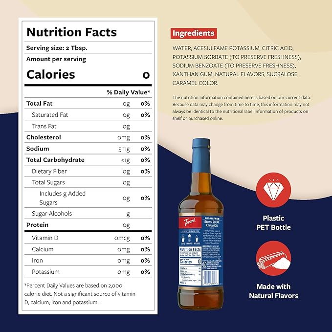 Torani Sugar Free Coffee Syrup, Brown Sugar Cinnamon Flavored Syrup for Drinks, Zero Calorie, Pump Included, 25.4 Fl Oz