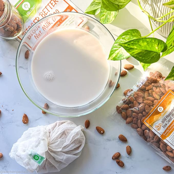 Pro Quality Nut Milk Bag & Raw Almonds - Kit includes Ellie's Best 12"X12" Reusable All Purpose Food Grade Nut Milk Bag Strainer & 1lb of Farm Fresh Wild Harvest Raw Almonds & Free Recipe Book