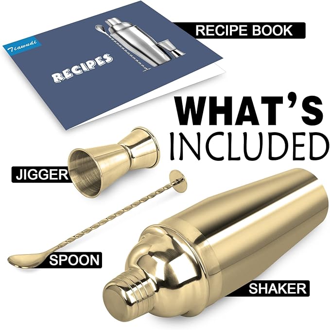 Tiawudi Large 24oz Cocktail Shaker Set, Stainless Steel 18/8 Martini Mixer Shaker with Built-in Strainer, Measuring Jigger & Mixing Spoon, Martini Shaker Set, Perfect for Bartender and Home Use, Gold