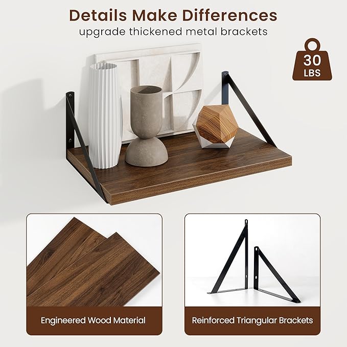 Axeman Deep Floating Shelves for Wall - 10 Inch Deep Floating Shelves Set of 2-16" W x 10" D Walnut Wall Shelves for Living Room Bathroom Bedroom