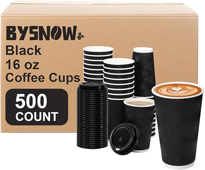 16 oz Coffee Cups with Lids, 500 Pack Disposable Coffee Cups Insulated Ripple Paper Cups for Water, Juice, Espresso (Black 16 oz)