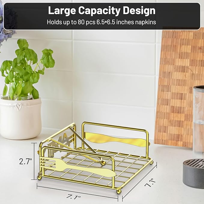 Napkin Holder for Table, Flat Napkin Dispenser with Weighted Arm, Square Cocktail Paper Holder of Elegant Rustic Iron for Kitchen Dining Room Decor Restaurant Farmhouse Hotel Party, Gold