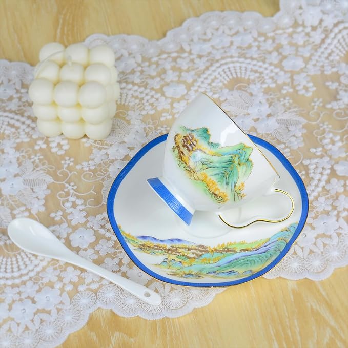 Bone China Tea Cup and Saucer Set, Bone China Coffee Cups and Saucers, Vintage Blue and White TeaCups snd Saucers Gift for Mom Friend Tea Party (Blue D)