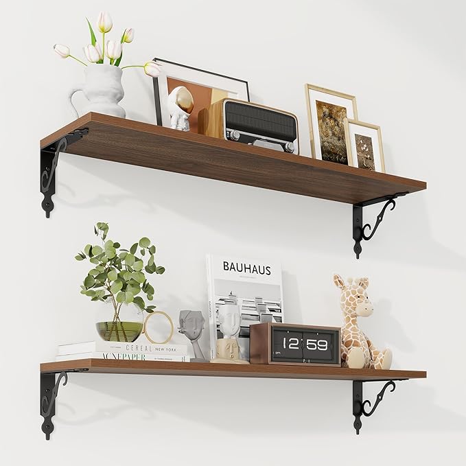 RICHFOCUS Floating Shelves for Wall Decor, 31.5W x 8D Shelves Set of 2, 8" Deep Rustic Wood Floating Shelves Wall Mounted with Metal Brackets, Shelves for Living Room Bedroom Kitchen, Walnut