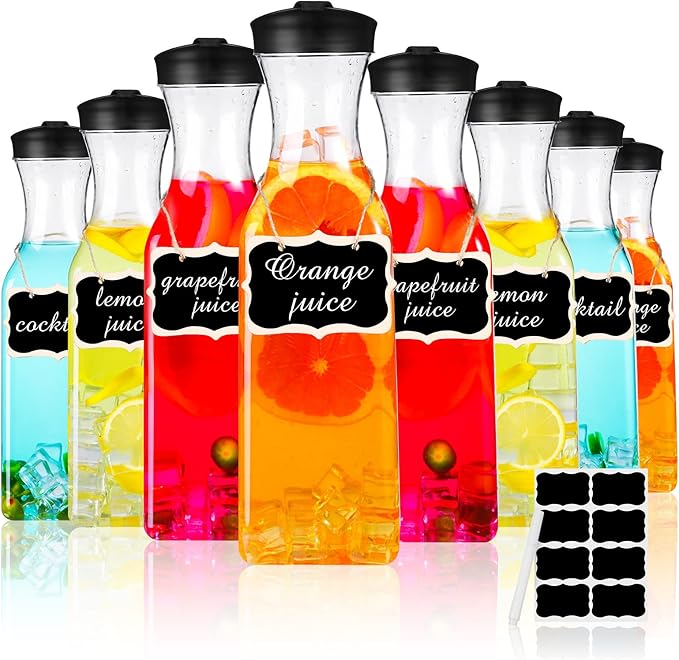 Lallisa 8 Pcs 54 oz Plastic Carafe Water Carafe with Lid Clear Plastic Pitcher with Lid Square Base Drink Containers for Fridge Mimosa Bar Supplies Water, Milk, Juice with Labels Hanging Tags