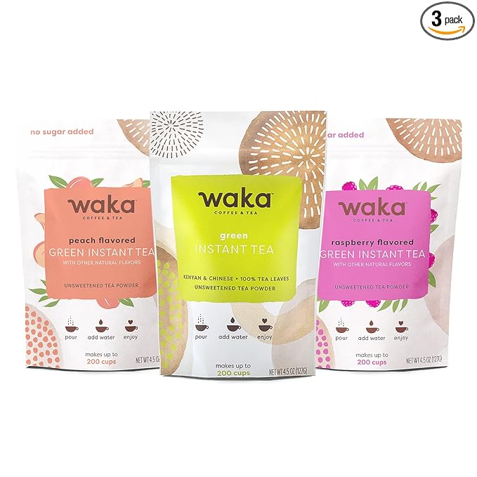 Waka Instant Tea Mix, 3 Bag Bundle - 100% Tea Leaves, No Additives, Unsweetened Tea Powders - Classic, Raspberry Flavored, Peach Flavored Green (4.5oz Each)