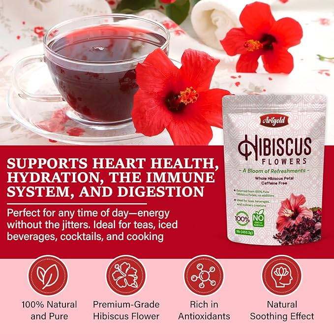 Arigold Pure Whole Petals Hibiscus Tea 1lb – Dried Hibiscus Flowers, Flor de Jamaica, Hibiscus Sabdariffa, Bissap, Sorrel, hibiscus tea loose leaf Herbal Tea for Agua Fresca, Cocktails, Iced Tea & Hot Tea | Caffeine-Free & Rich in Antioxidants.