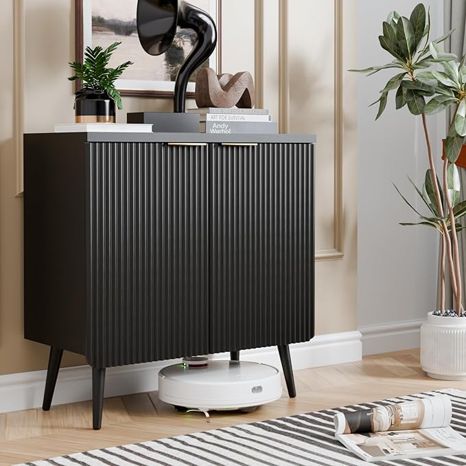 Wood Fluted Sideboard with 2 Doors, Modern Buffet Cabinet with Shelves, Multi-Space Storage Credenza Kitchen for Entryway, Dining & Living Room, Black