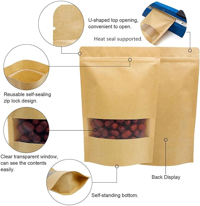 100pcs Kraft Bags with Window Zipper Lock Stand Up Bulk Pouches Resealable 10x14in