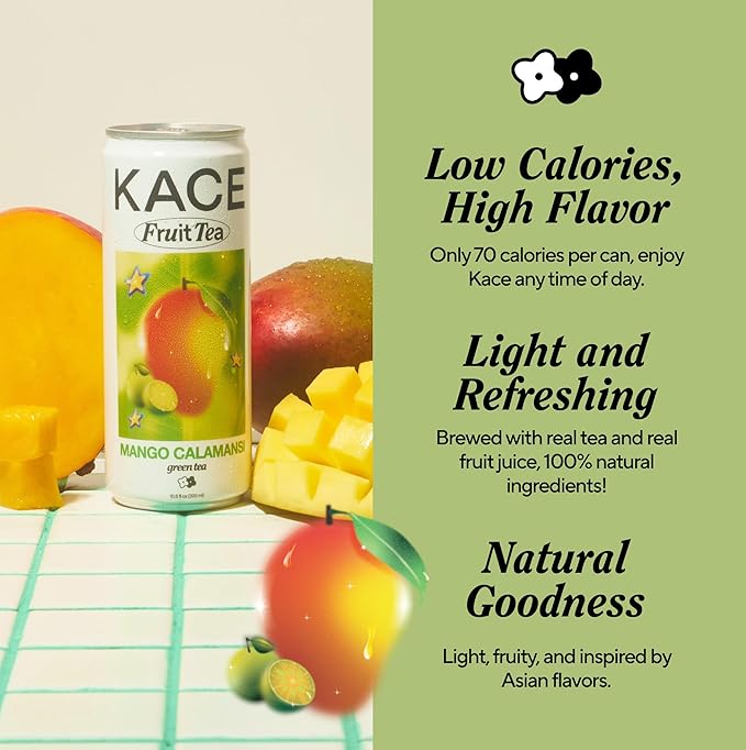 KACE Tea Mango Calamansi Green Iced Tea, 10.8 Fl Oz (Pack of 12) - All-Natural Green Tea with Mango, Brewed in Taiwan, 65mg Caffeine, 320ml Can