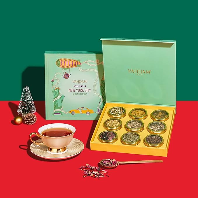 VAHDAM, Weekend in New York Christmas Tea Gift Set - 9 Loose Teas | Tin Caddy Travel Edition Gift Box | Christmas 2025 Gift Ideas for Women & Men | Gluten Free, Non GMO