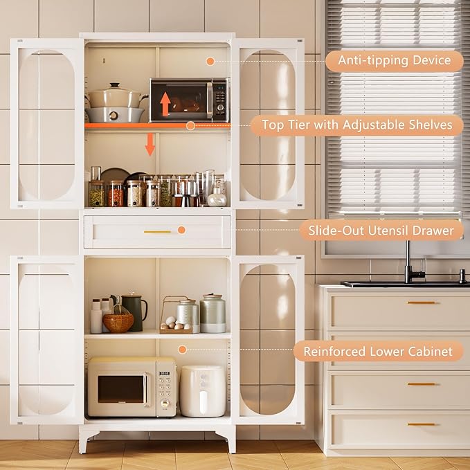 75" Tall Kitchen Pantry Cabinet,Metal Storage Cabinets with 4 Glass Doors and 1 Drawer,Freestanding Display Cupboard for Dining Room,Living Room,Hallway,Bathroom,White