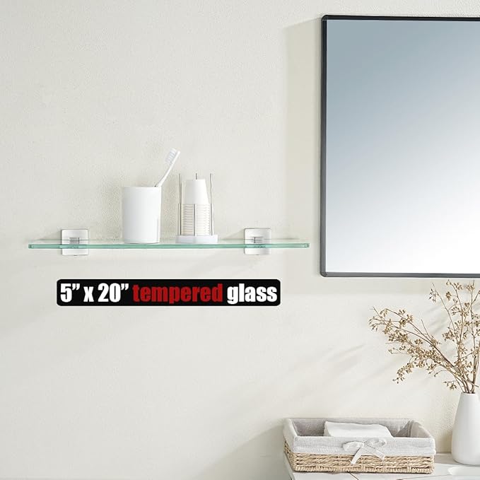 JQK Bathroom Glass Shelf, Floating Tempered Glass Shower Storage 24 by 5 inches, 304 Stainless Steel Brushed Finish Wall Mount, TGS201L24-BN
