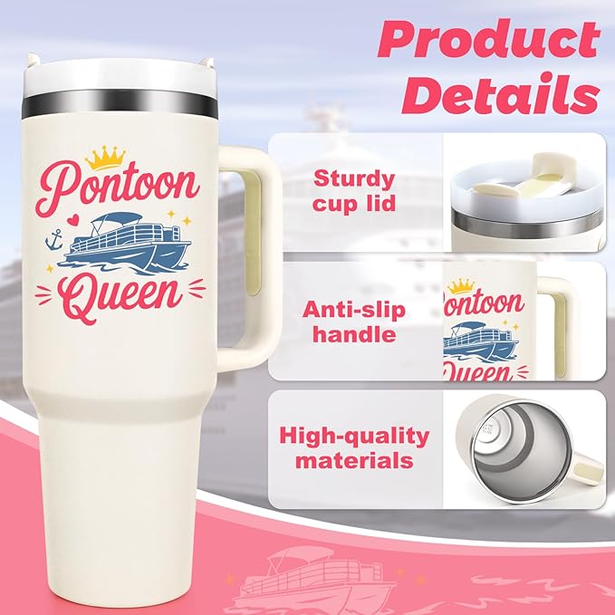 Gtmileo Pontoon Boat Gifts, Pontoon Queen Insulated Coffee Mug, Christmas Birthday Holiday Gift for Pontoon Owner Boat Lover Women (40-Oz, Beige)