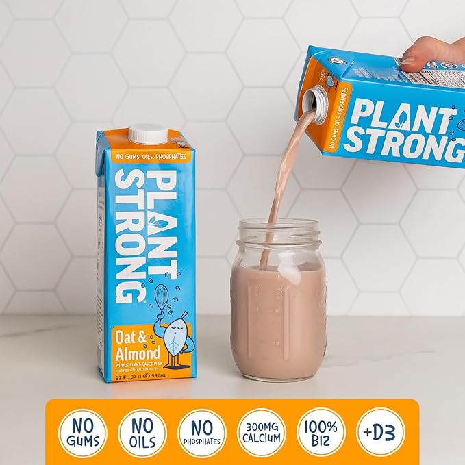 PLANTSTRONG Plant-Based Milks – Non-GMO, Plant-Based, Vegan, Gluten-Free, Dairy-Free, Lactose-Free, Shelf-Stable, No Gums or Oils (Pack of 6 (32 Fl. Oz.), Oat & Almond)