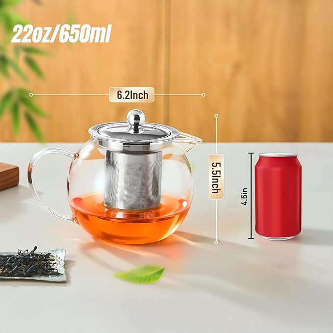 Glass Teapot Stovetop 22 OZ/650ml, Tea pot with Removable 18/8 Stainless Steel Infuser, Borosilicate Clear Tea Kettle, Teapot Blooming and Loose Leaf Tea Maker Tea Brewer for Camping, Travel